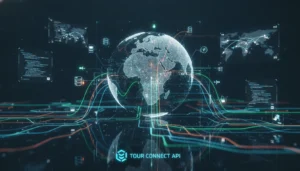 Digital API connectivity network representing tour operator software and integrations.