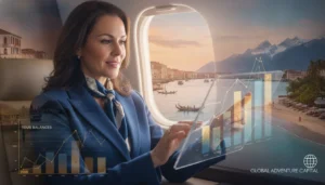 A professional travel finance director analyzing tour balances and accrual accounting metrics