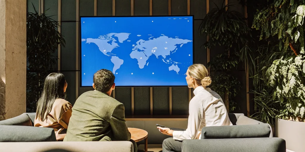 Tour operator team planning niche travel experiences on a digital world map
