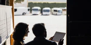 Tour company operations team reviewing a tablet in front of a departure board