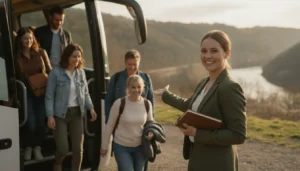 Tour operator team member welcoming returning passengers on a scenic tour bus