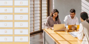 Tour operator executives and a software consultant discussing budget planning and cost analysis in a modern office