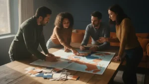 Multi-day tour operations team comparing Bookeo alternatives around a travel map