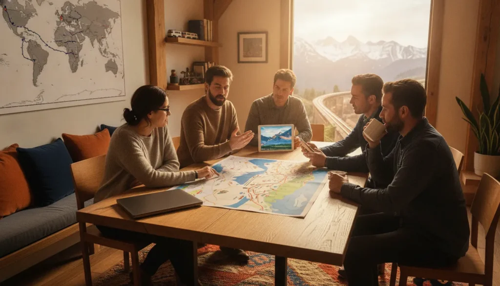 Tour operations team reviewing a multi-day itinerary on a laptop and route map