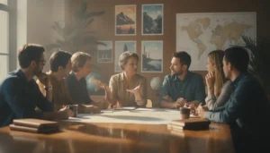Multi-day tour operations team planning business growth around a world map