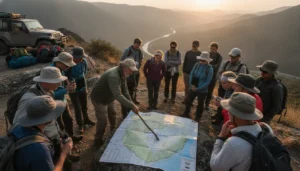Multi-day tour group with a guide at a scenic overlook